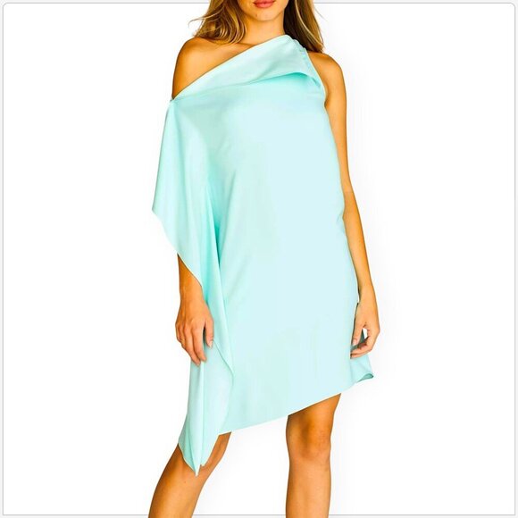 Trina Turk Ellyson One-shoulder Asymmetric Dress Aqua Sea Glass Cocktail NWT S - Picture 1 of 6
